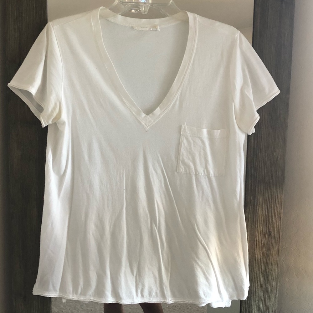 Lush White Deep V-Neck Pocket Tee Size M Oversized Slouchy Flowy Rayon Cotton